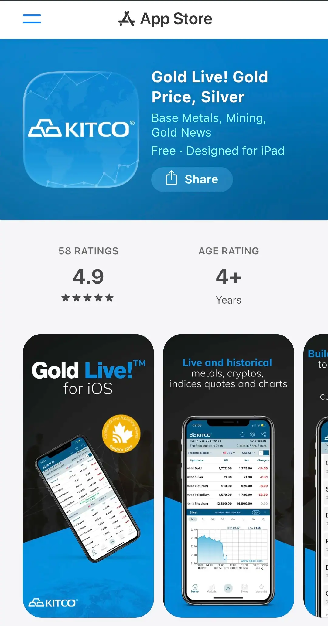 Сторінка Gold Live! в App Store: іконка Kitco та знімки екрана з живими котируваннями золота і срібла